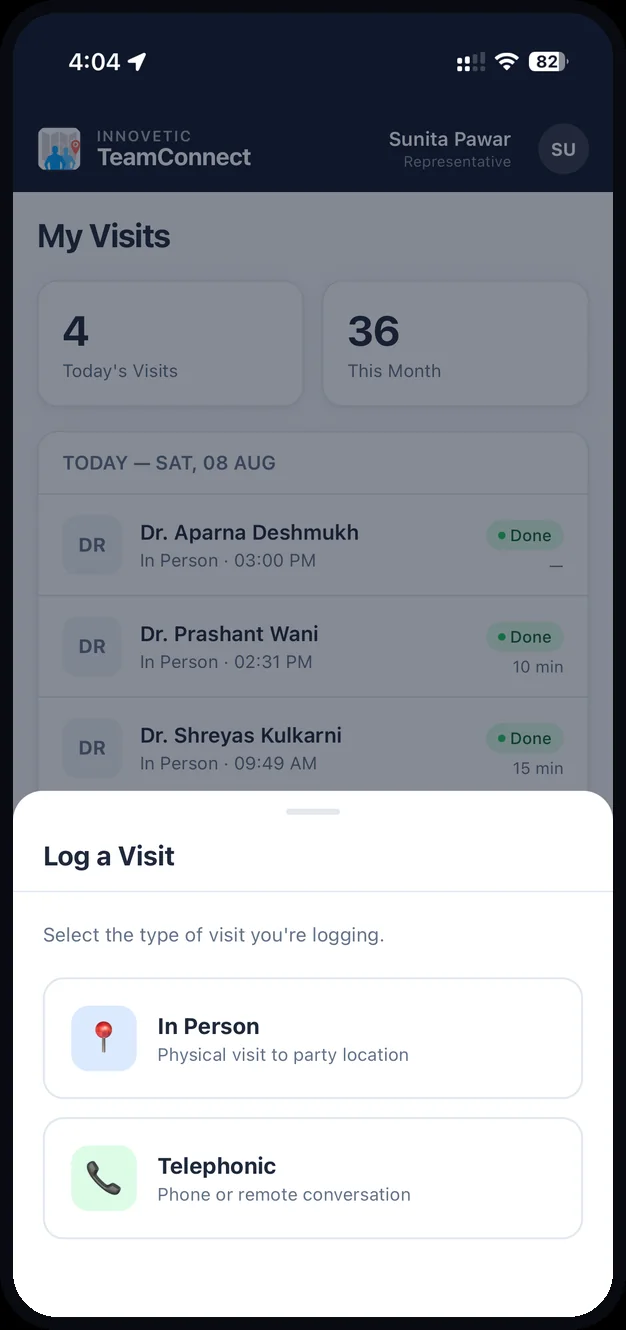 Logging a visit in two taps — in person or telephonic